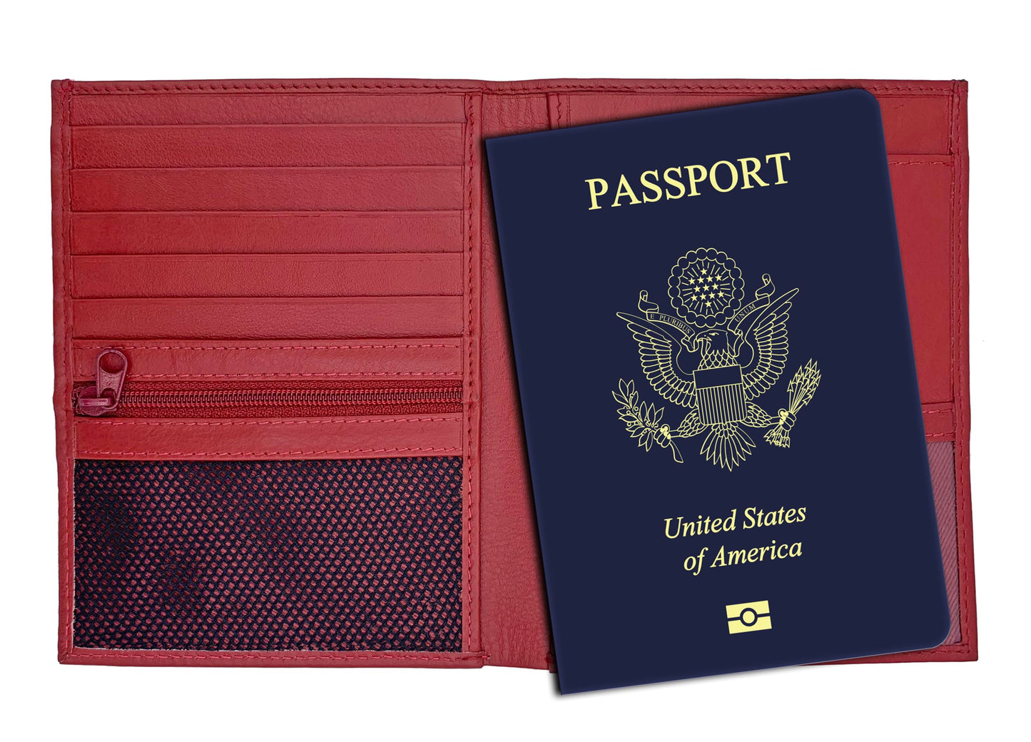Leather RFID-Shielding Passport Holder and Wallet (Red)