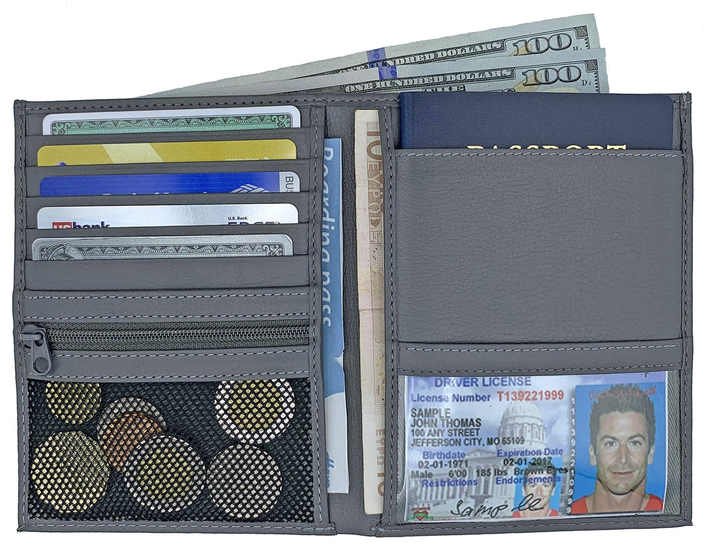 Leather RFID-Shielding Passport Holder and Wallet (Grey)