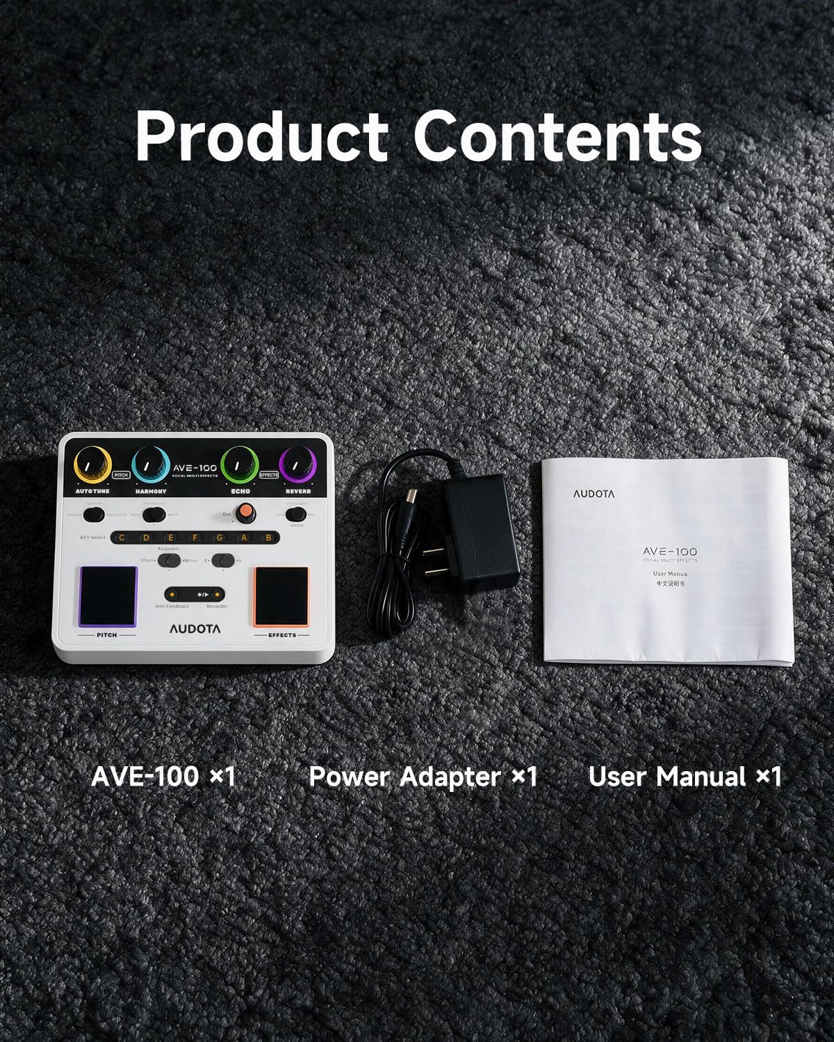 AVE-100 Vocal Effects Processor, Vocal Harmonizer with Pitch Correction, Harmony, Reverb & Delay, Key Detection, Anti-Feedback, Loop Recorder, 48V Phantom Power for Singers, Live Performance & Record