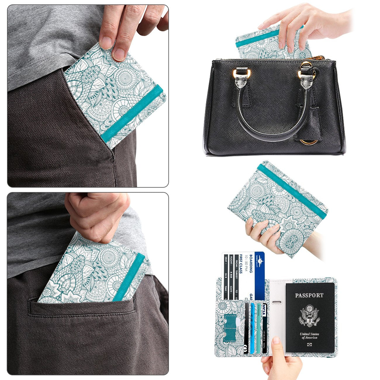 Travel Passport Wallet with RFID Shielding and Pen Slot (Green Petals)