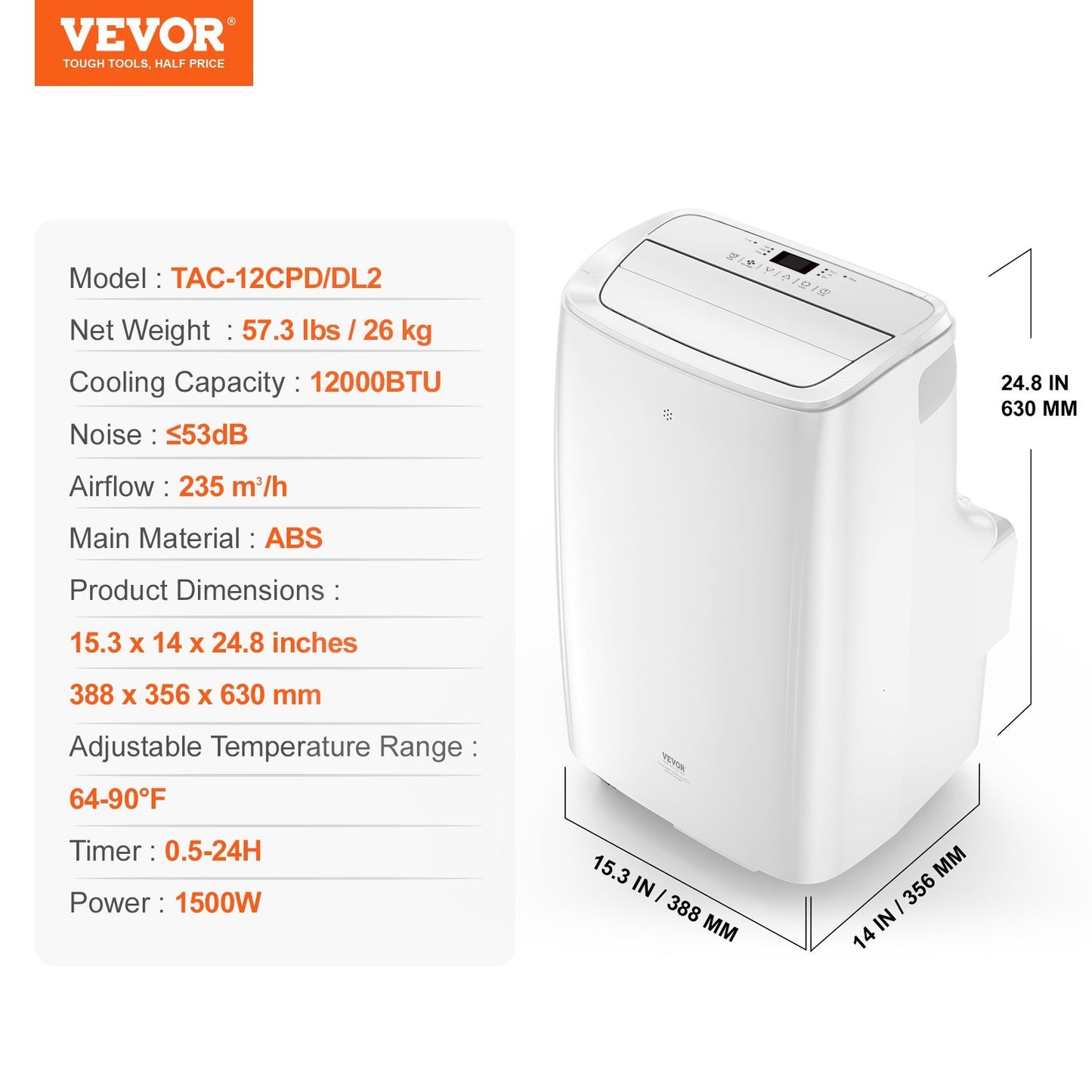VEVOR Portable Air Conditioner 12k BTU 3-in- 1 AC Cool Dehumidifier Fan