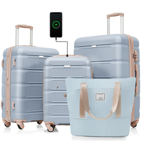 Ice Blue 4-Piece Luggage Set with USB Port and Travel Bag