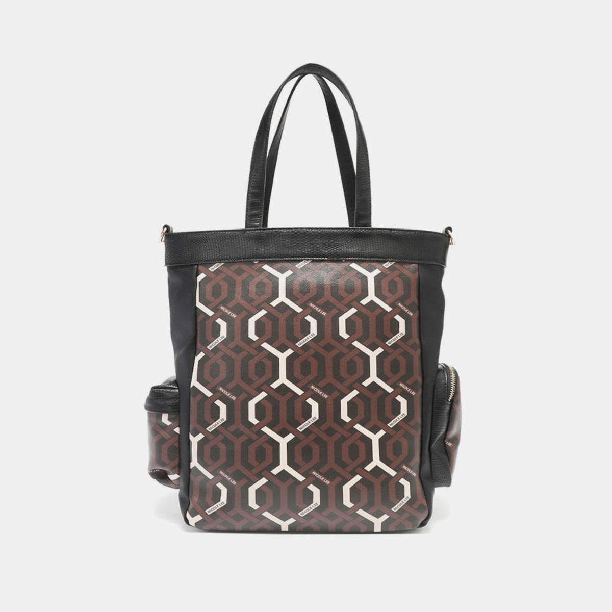 Vegan Leather Tote with Geometric Motif and Convenient Front Pouch Design