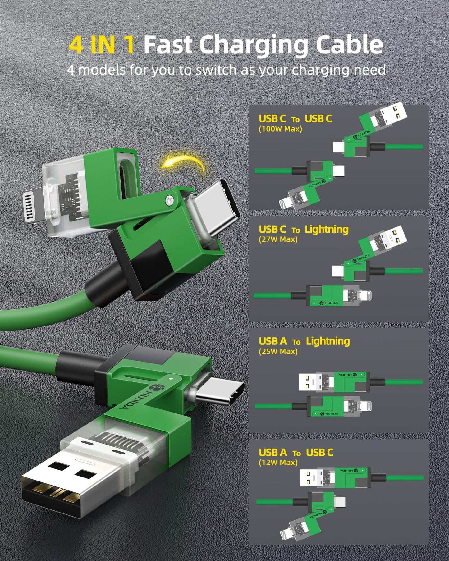 4-in-1 USB C or USB A to  Lightning or USB C Fast Charging Cable (Green)