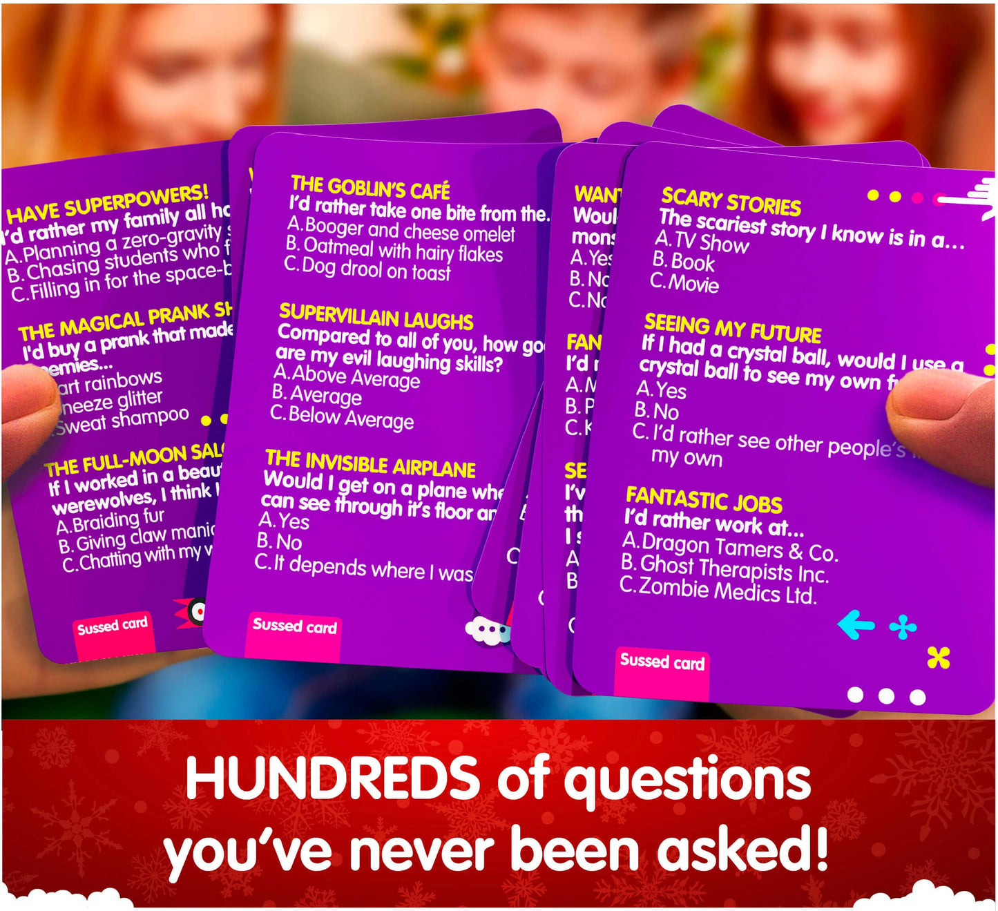 SUSSED The Wacky 'What Would You Do?' Family Card Game - Fun Stocking Stuffer for Kids - 250 Questions with Dragons, Space & Magic - All Ages 8 and Up - Amazing Purple Deck