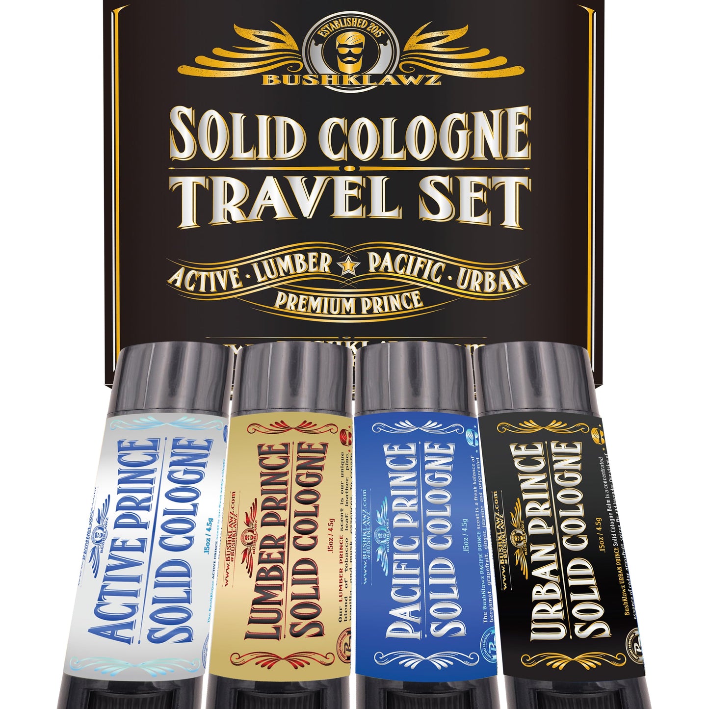 BushKlawz Solid Colognes Travel Variety Gift Set Sampler. Includes 1 chapstick size stick of each of our 4 famous scents. Best Gift Present for men men's