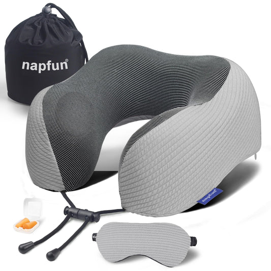 napfun Neck Pillow for Traveling, Upgraded Travel Neck Pillow for Airplane 100% Pure Memory Foam Travel Pillow for Flight Headrest Sleep, Portable Plane Accessories, Striped Light Grey