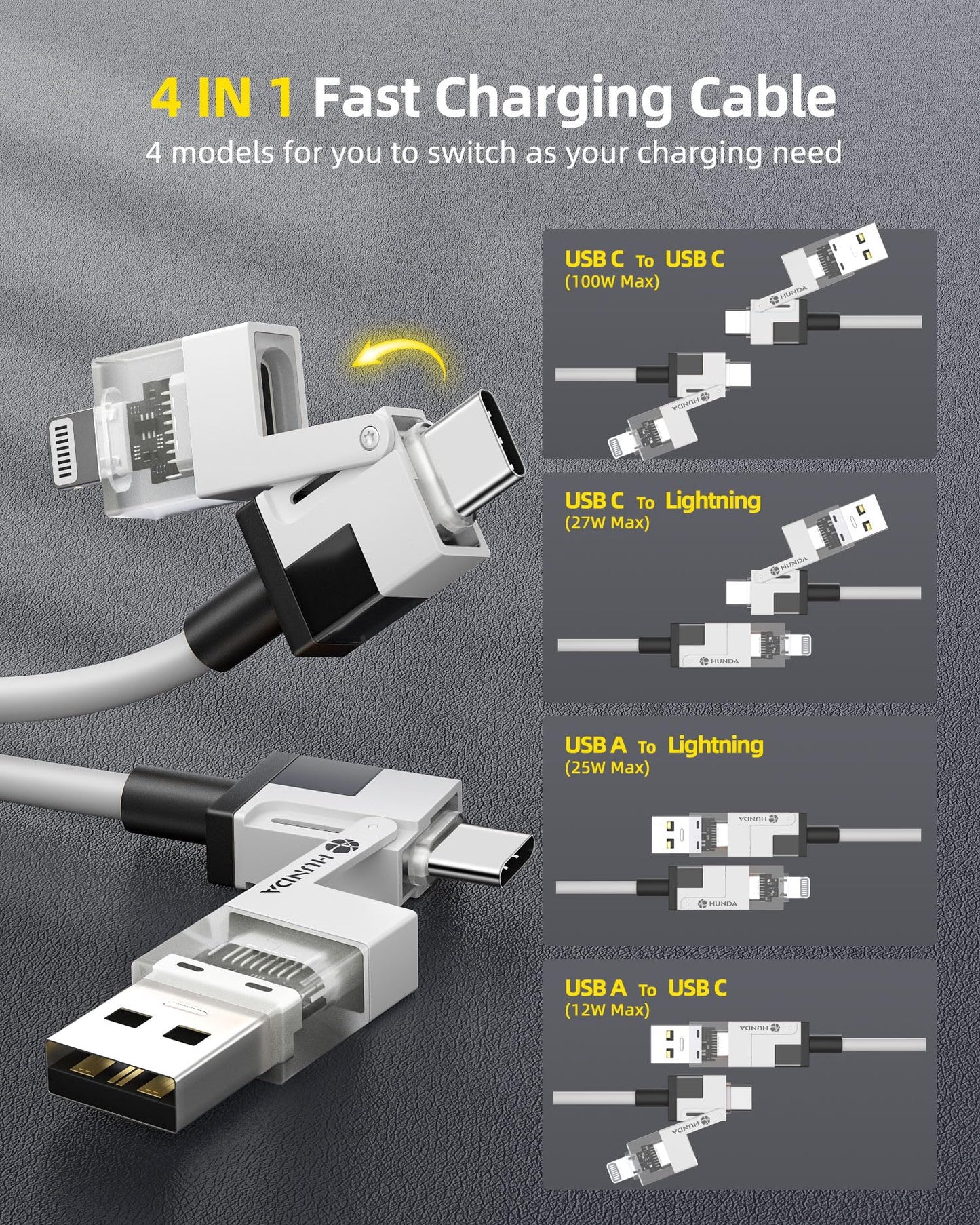 4-in-1 USB C or USB A to Lightning or USB C Fast- Charging Cable (White)