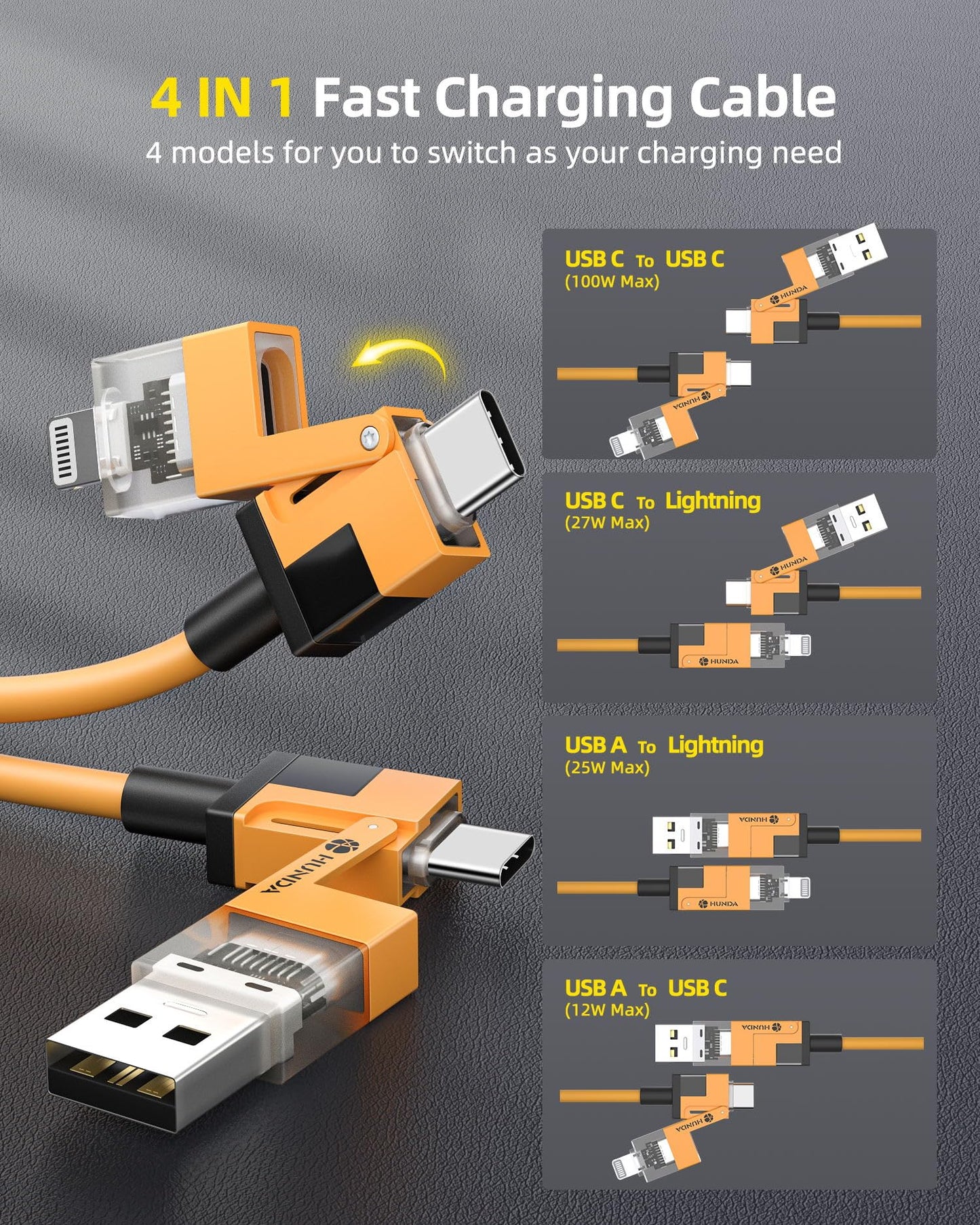 4-in-1 USB C or USB A to Lightning or USB C Fast-Charging Cable (Yellow)