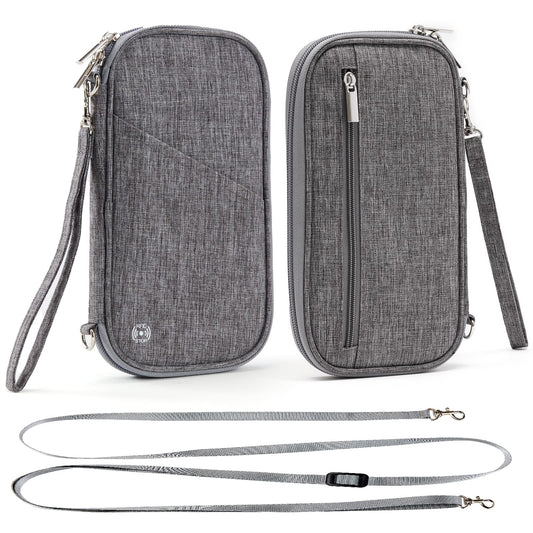 Travel Passport Wallet with RFID Shielding, Crossbody Strap and Wristlet Strap (Grey)