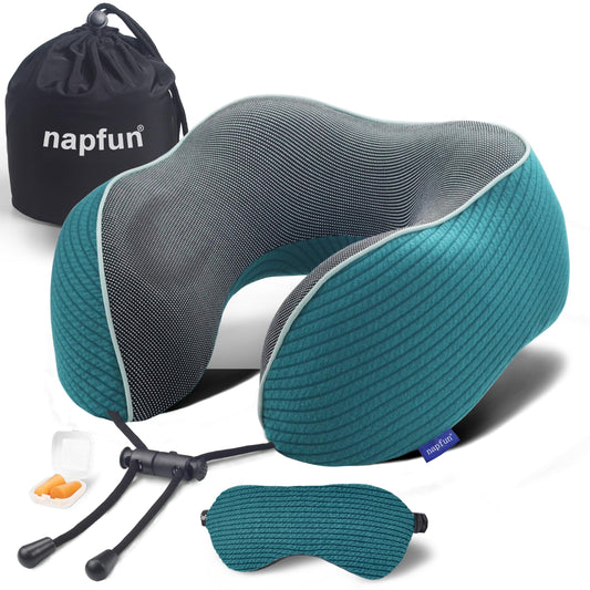 napfun Neck Pillow for Traveling, Upgraded Travel Neck Pillow for Airplane 100% Pure Memory Foam Travel Pillow for Flight Headrest Sleep, Portable Plane Accessories, Teal Set, Medium (120-200LB)