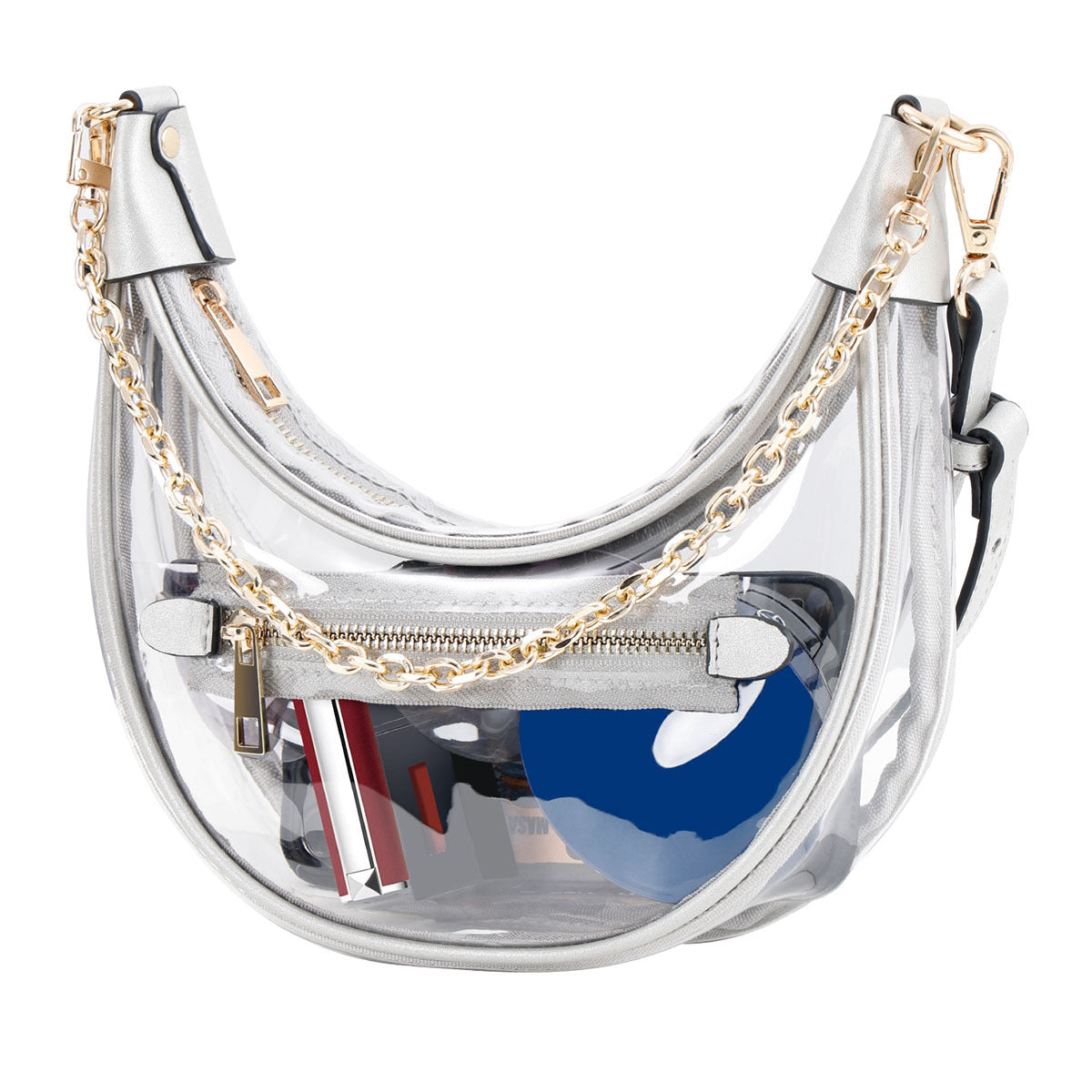 Sophisticated Clear Crossbody Bag with Silver Trim and Gold Chain for Travel and Events