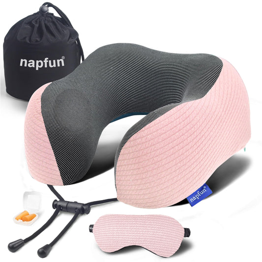 napfun Neck Pillow for Traveling, Upgraded Travel Neck Pillow for Airplane 100% Pure Memory Foam Travel Pillow for Flight Headrest Sleep, Portable Plane Accessories, Pink