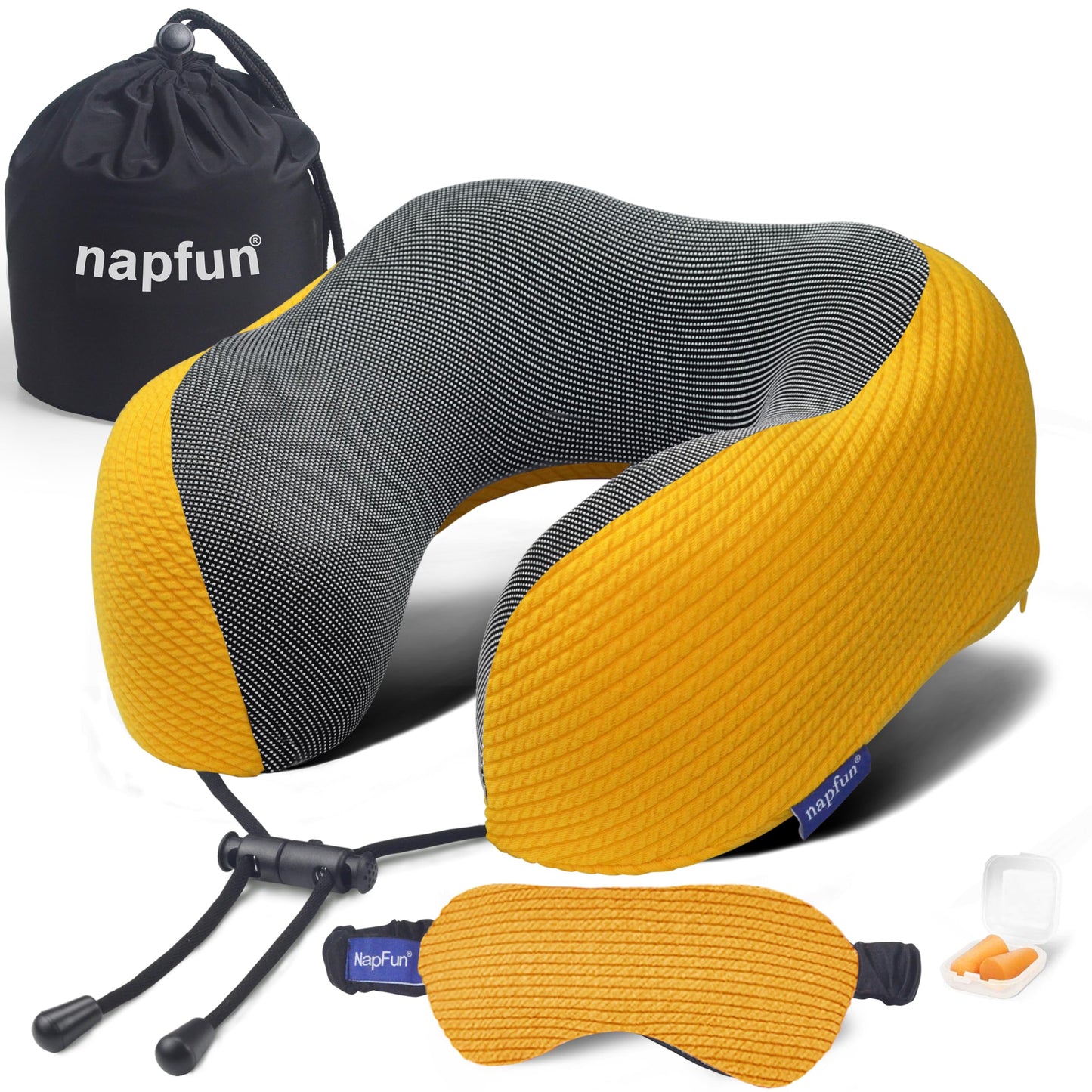 napfun Neck Pillow for Traveling, Upgraded Travel Neck Pillow for Airplane 100% Pure Memory Foam Travel Pillow for Flight Headrest Sleep, Portable Plane Accessories, Yellow, Medium (120-200LB)