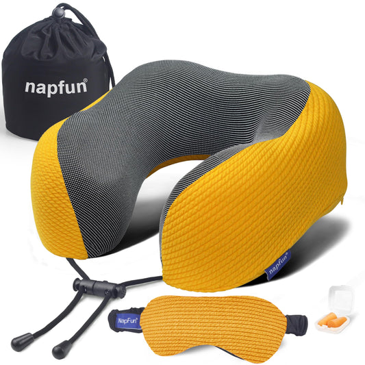 napfun Neck Pillow for Traveling, Upgraded Travel Neck Pillow for Airplane 100% Pure Memory Foam Travel Pillow for Flight Headrest Sleep, Portable Plane Accessories, Yellow, Medium (120-200LB)