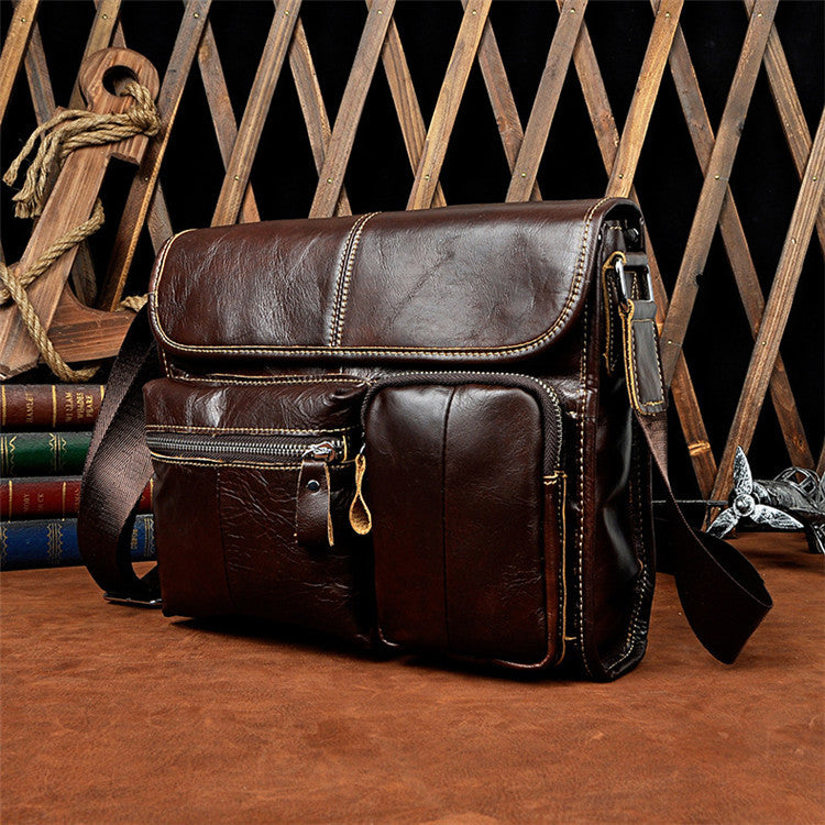 Rugged Vintage-Look Genuine Leather Bag with Front Pouch Design