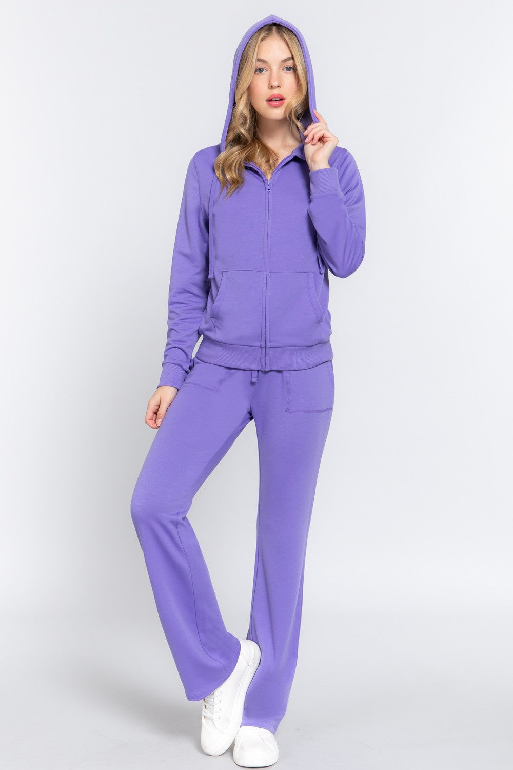 French Terry Zip-Up Hoodie and Drawstring Pants Set (Purple)