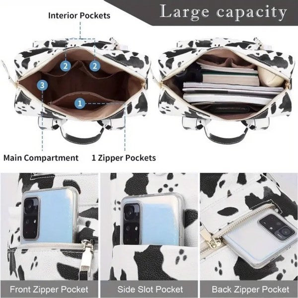 Cow Print Travel Backpack with Multiple Pockets and Colorful Adjustable Strap