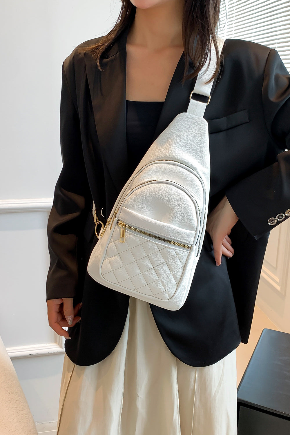 Black or White Faux Leather Sling Bag