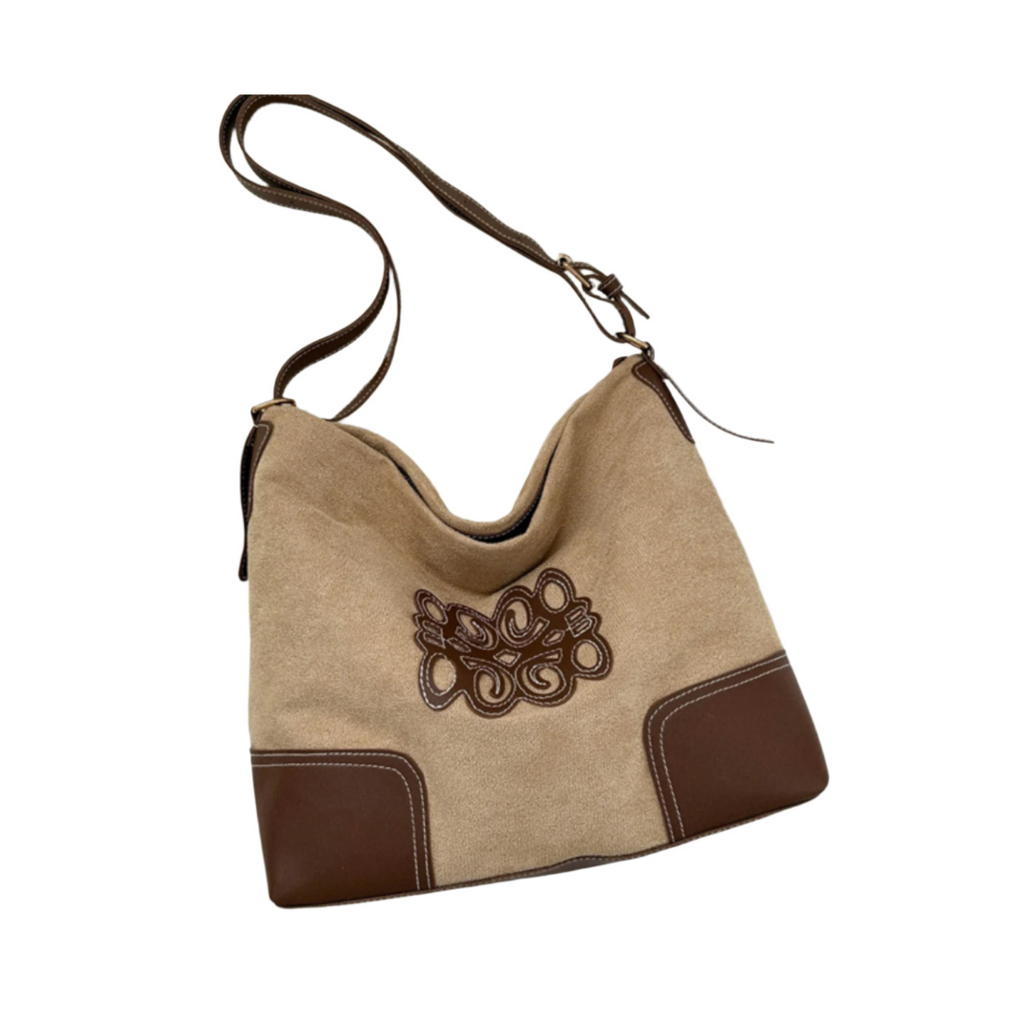 Vintage Motif Suede-Look Tote Bag