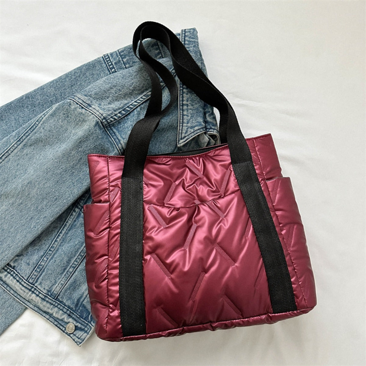 Cabernet Puffer Tote Bag with Zipper and External Pockets