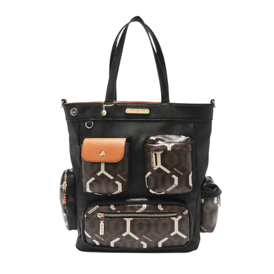 Vegan Leather Tote with Geometric Motif and Convenient Front Pouch Design