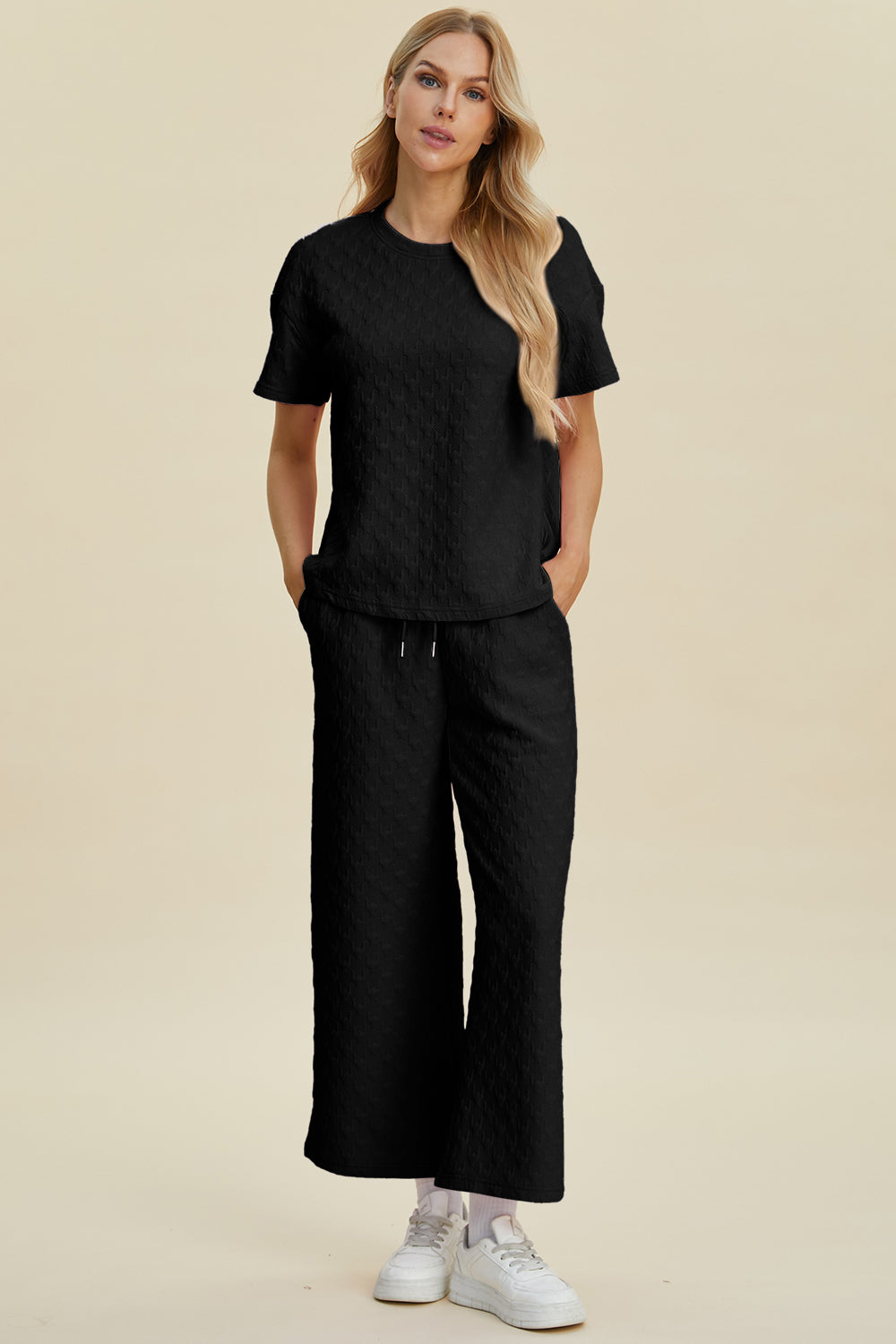 Double Take Full Size Texture Round Neck Short Sleeve Top and Pants Set