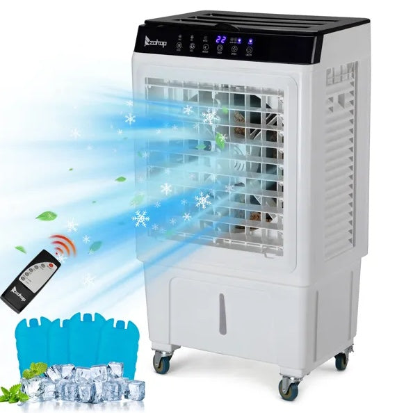 “Menofan Series” 3-in-1 Portable Evaporative Cooler with 7-Gallon Water Tank Capacity, Indoor/Outdoor, 2353CFM Personal Air Cooler With Remote Control, 7.93 Gal Large Water Tank & Scroll Casters, 4 Ice Packs, White