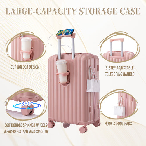20  24  28  3 Pcs  Set In ABS Spinner Wheel Luggage, Carry On Suitcase, With Cup Holder & USB Port  Phone Holder