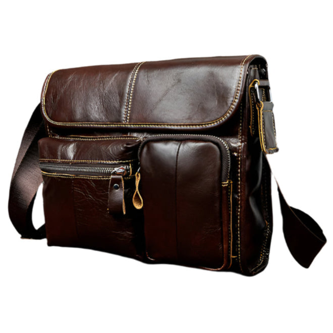 Rugged Vintage-Look Genuine Leather Bag with Front Pouch Design