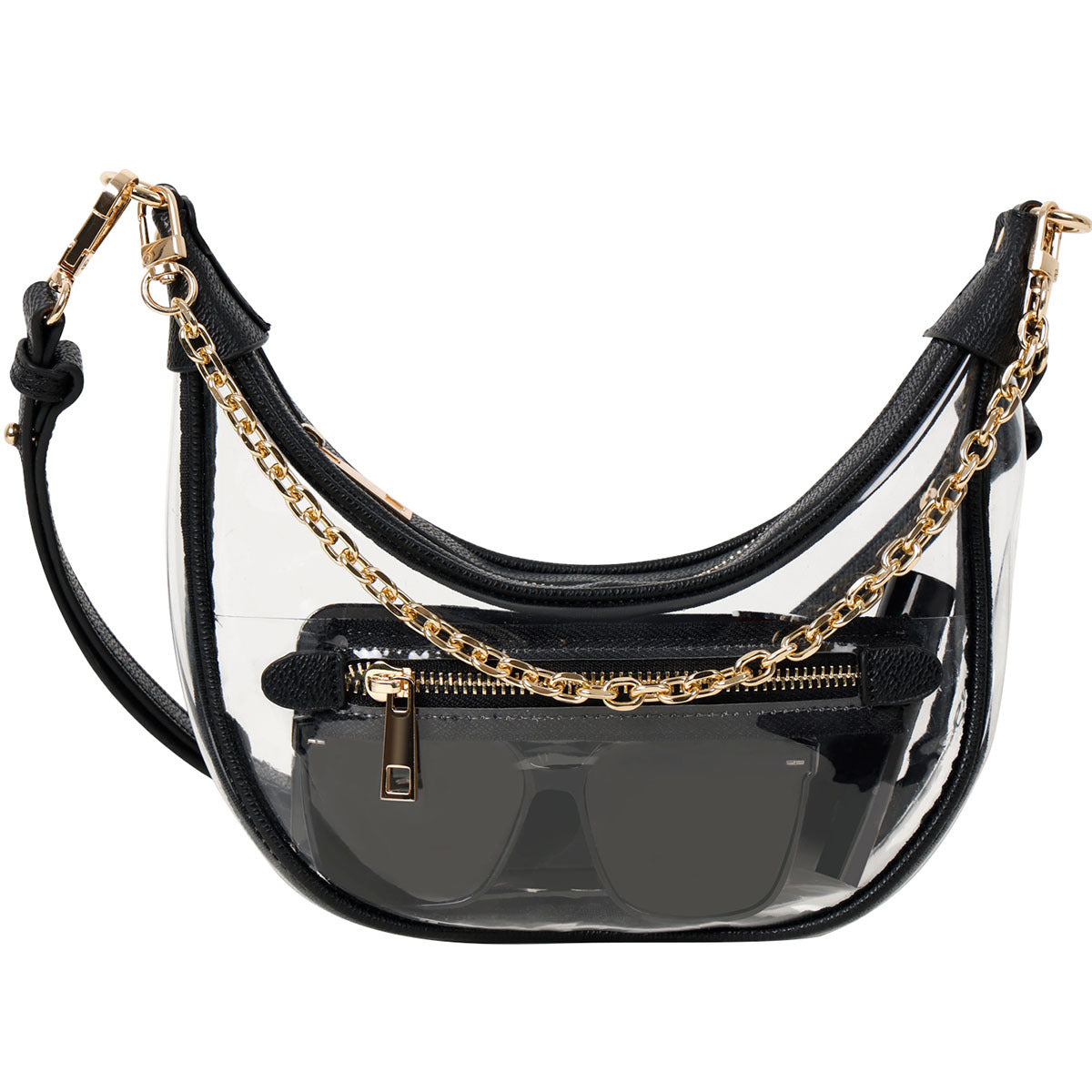 Elegant Clear Crossbody Bag with Black Trim and Gold Chain