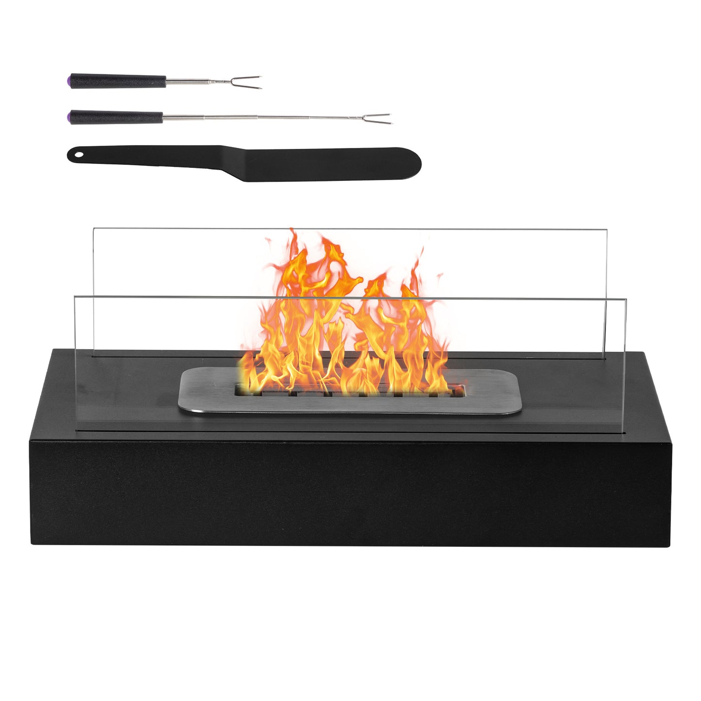 Black 13.8x7.1x5.5in With Windshield, Two Telescopic Forks, Fire Extinguishing Handle, Rectangular, Smokeless Stove, Iron Body, Stainless Steel Combustion Chamber