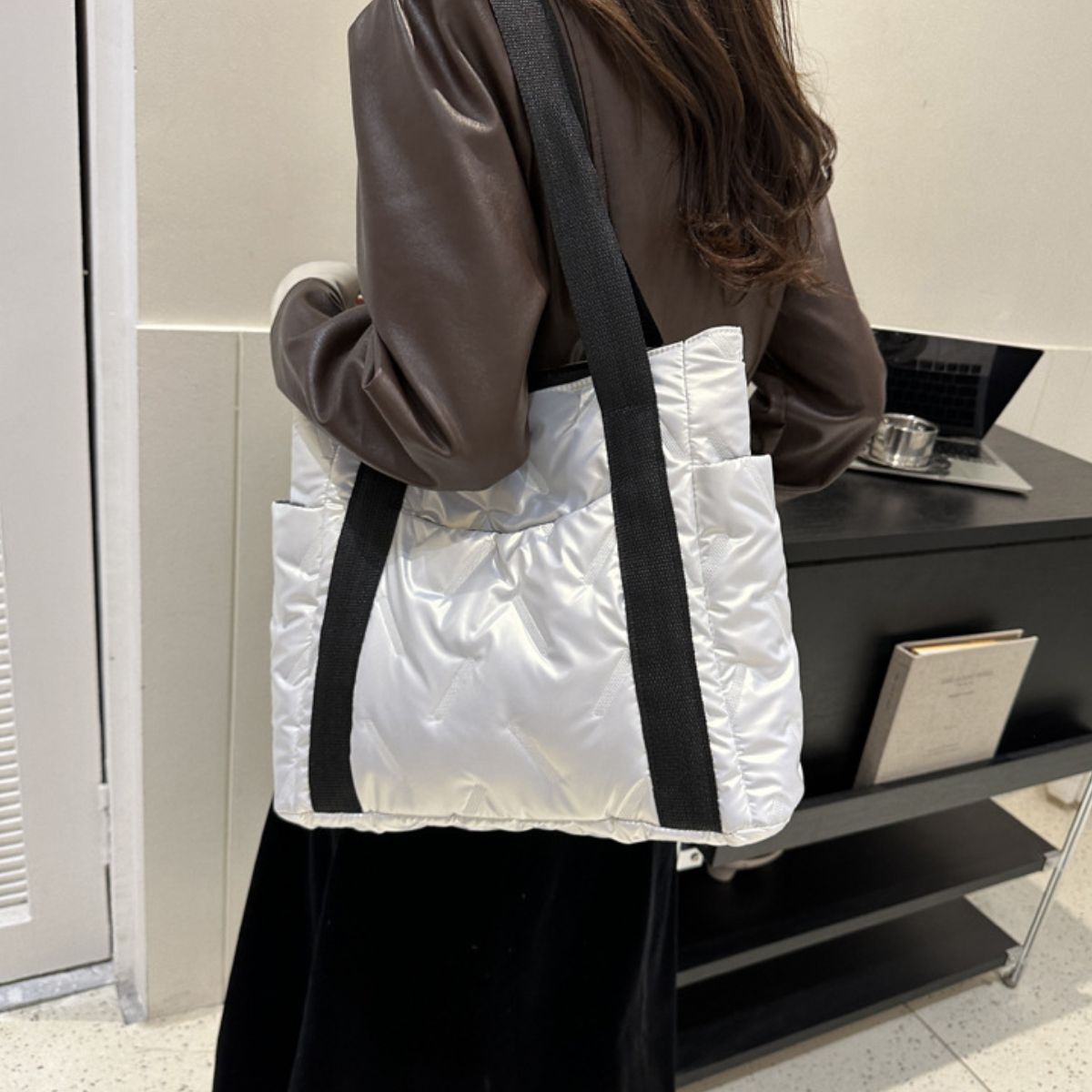 Cabernet Puffer Tote Bag with Zipper and External Pockets