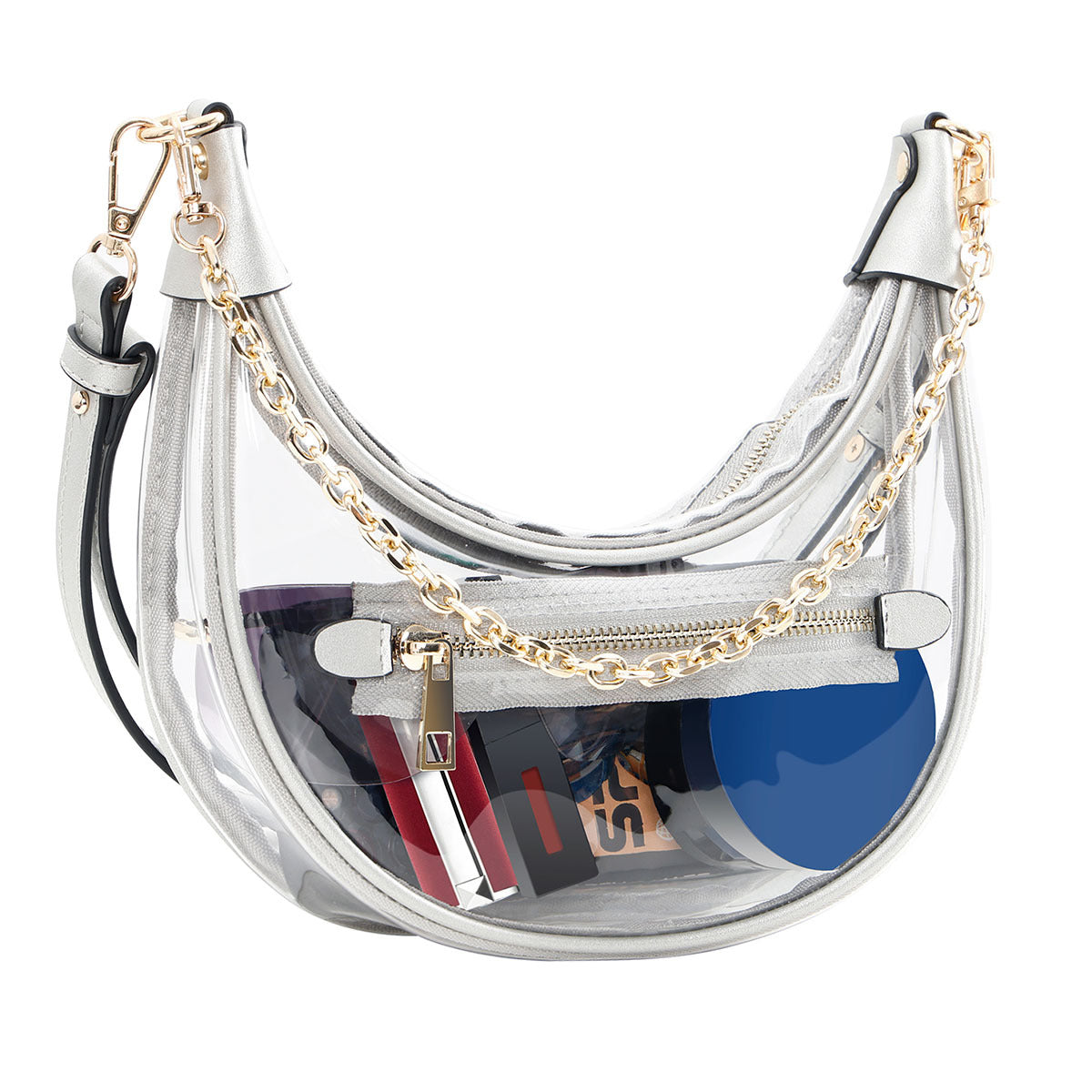 Sophisticated Clear Crossbody Bag with Silver Trim and Gold Chain for Travel and Events