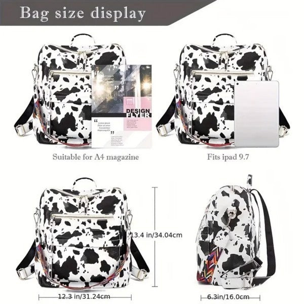 Cow Print Travel Backpack with Multiple Pockets and Colorful Adjustable Strap