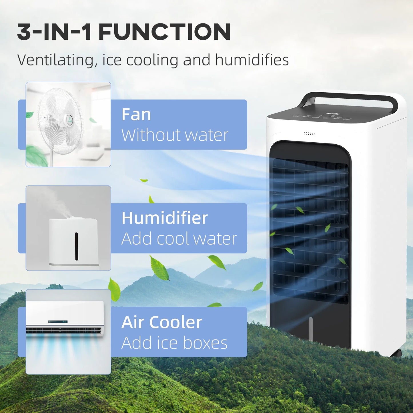 FREE U.S. SHIPPING! “Menofan Midi” 1.3 Gallon HOMCOM Evaporative Air Cooler with Ice Packs, 3-in-1 Ice Cooling Fan, Portable Swamp Cooler with Water Tank, Timer, Oscillating, Remote, for  Home, Office or Bedroom
