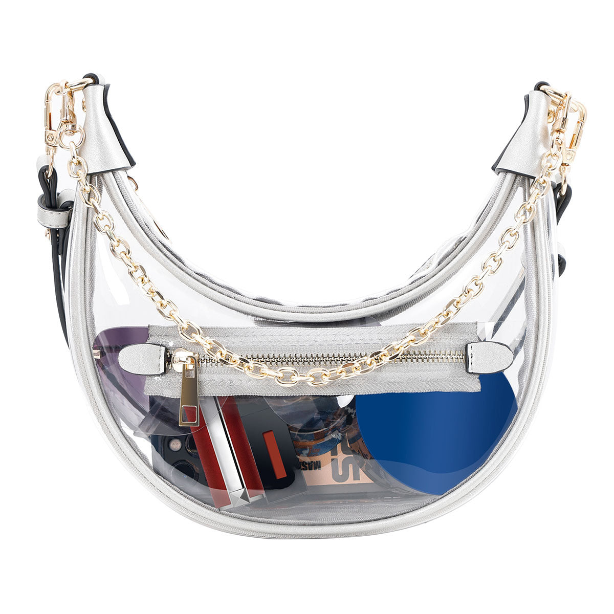 Sophisticated Clear Crossbody Bag with Silver Trim and Gold Chain for Travel and Events