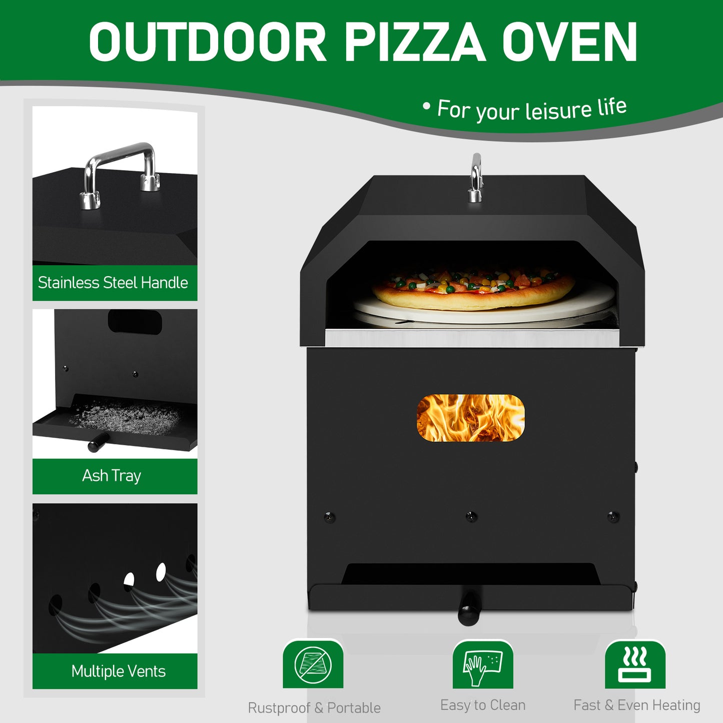 Black, Square Pizza Oven With Handle, Iron Charcoal Oven