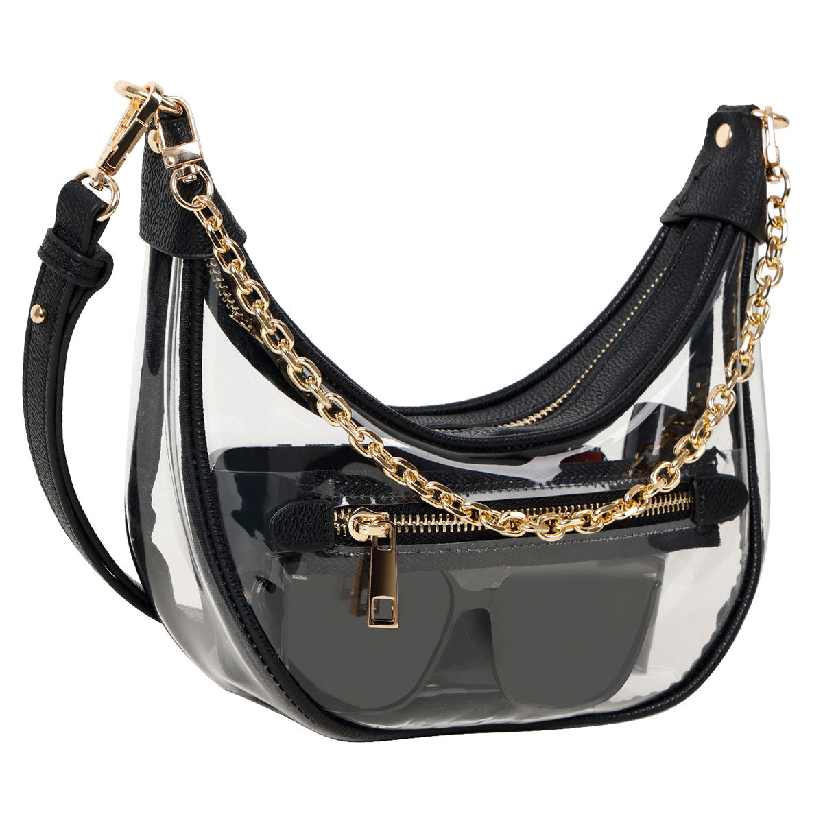 Elegant Clear Crossbody Bag with Black Trim and Gold Chain