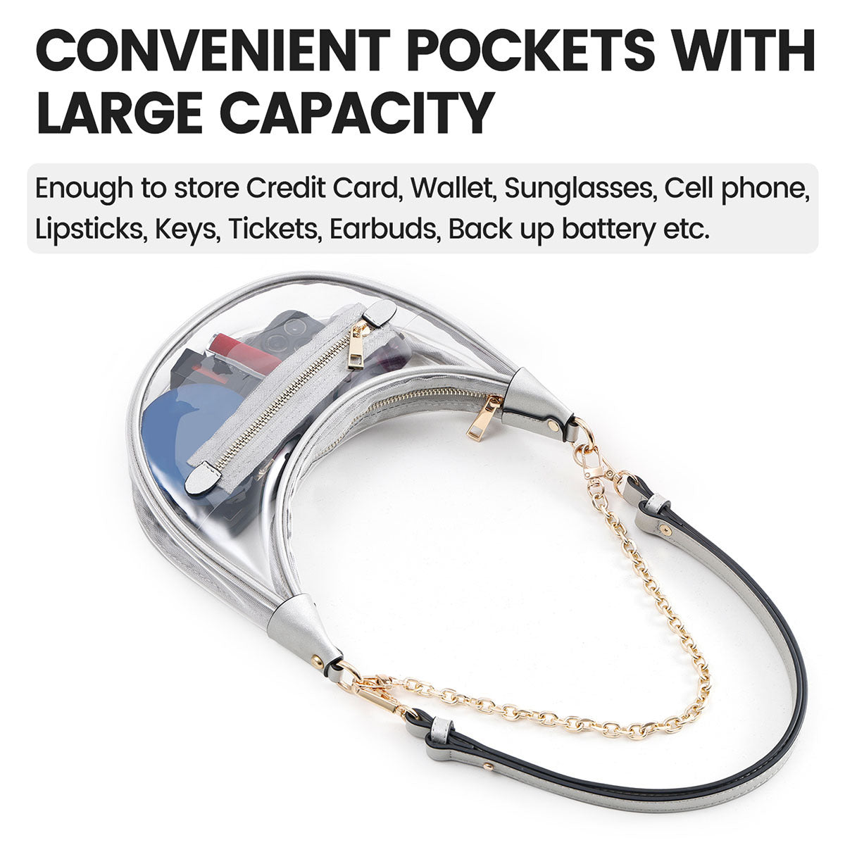 Sophisticated Clear Crossbody Bag with Silver Trim and Gold Chain for Travel and Events