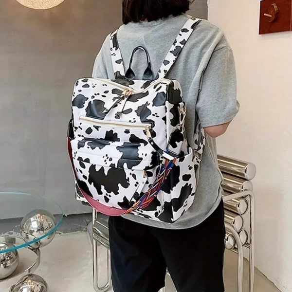 Cow Print Travel Backpack with Multiple Pockets and Colorful Adjustable Strap