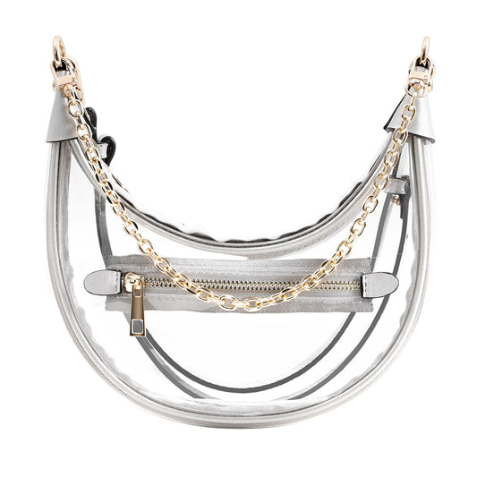 Sophisticated Clear Crossbody Bag with Silver Trim and Gold Chain for Travel and Events