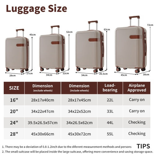 4 Piece Luggage Set With Compression Packing Cubes For Suitcase Expanable Spinner Wheels Lightweight Suitcase With TSA Lock 16 IN 20IN 24IN 28IN