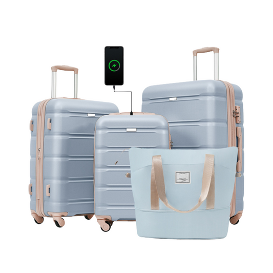 Ice Blue 4-Piece Luggage Set with USB Port and Travel Bag